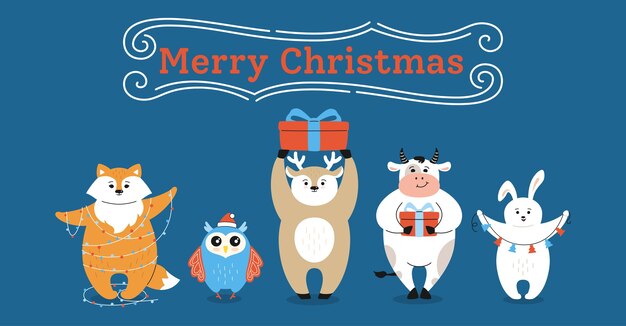 크리스마스 인사말 카드, 만화 황소 여우, 사슴 올빼미와 토끼 캐릭터