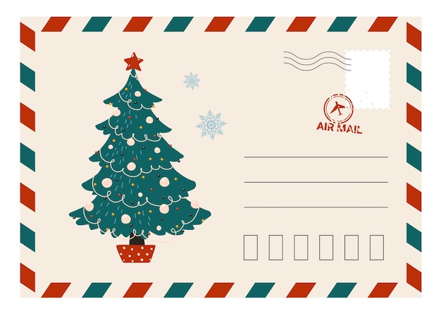 Christmas greeting card Cartoon postcard for celebrating winter holidays Envelope with cute fir tree and post stamps or copy space Blank template for Xmas presents vector mockup