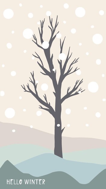 Рождественская открытка в симпатичном рисованном стиле и модных сочетающихся пастельных тонах елка и снеговик с подарочной коробкой на сугробе с гирляндой и снежинками
