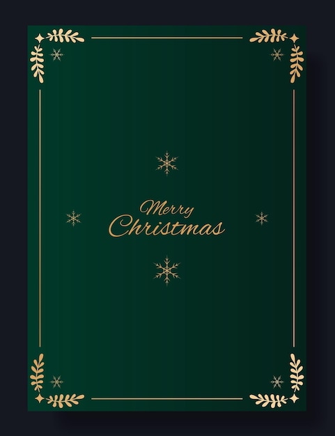 christmas greeting card design dark green background with gold decorative frame small snowflakes and elegant merry christmas text holiday winter celebration minimalistic festive classy