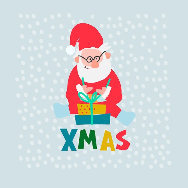 Christmas greeting card design Hand drawn funny Santa Claus with gift packages on snowy background