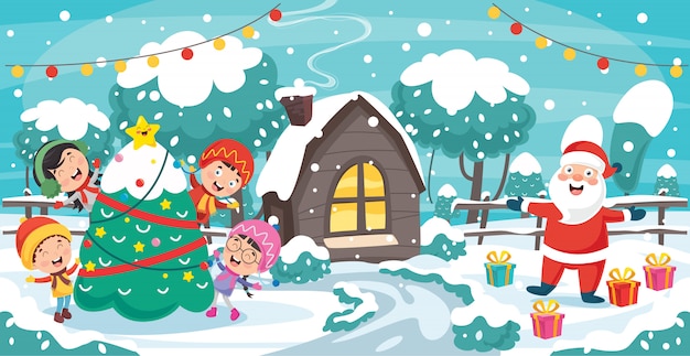 Christmas greeting card design with cartoon characters