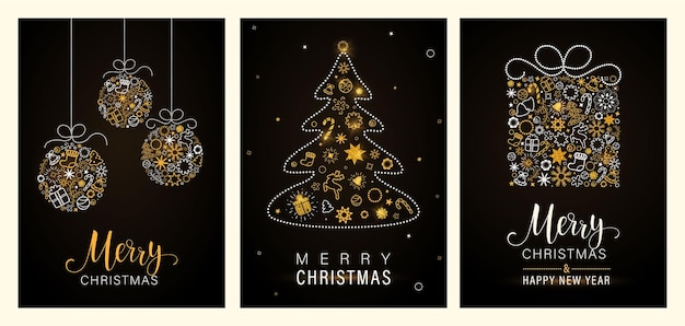 Christmas greeting card desing Christmas tree decoration snowflakes gifts Winter holidays