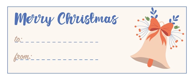 クリスマスのグリーティング カード、クリスマス ベル付きのギフト ボックスのギフト タグ。メリークリスマス