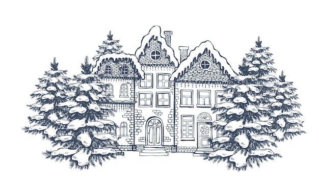 Christmas greeting card illustration of houses set of hand drawn buildings