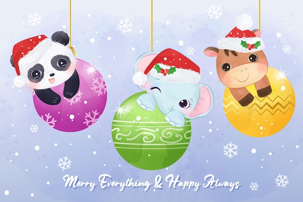 Vector christmas greeting card illustration with cute animals