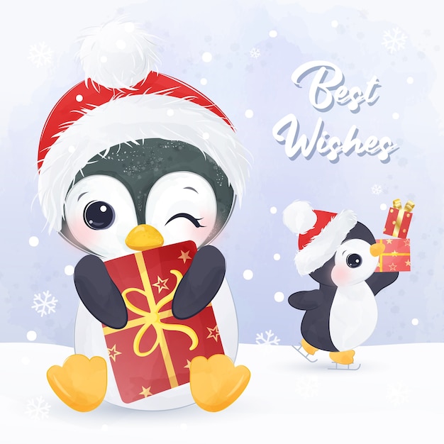 かわいいペンギンとクリスマスグリーティングカードのイラスト。