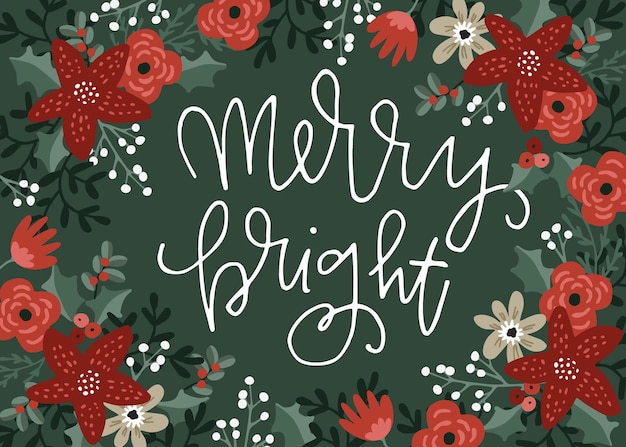 ベクトル クリスマス グリーティング カードの招待状クリスマス花のフレーム リース製ポインセチアの花の果実とモミの木の枝手文字テキスト メリー明るいベクトル イラスト背景