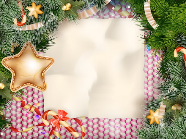 ベクトル クリスマスのグリーティングカードの光と雪の結晶の背景。メリークリスマスの休日はデザインとビンテージ飾り装飾を望みます。新年あけましておめでとうございますメッセージ。
