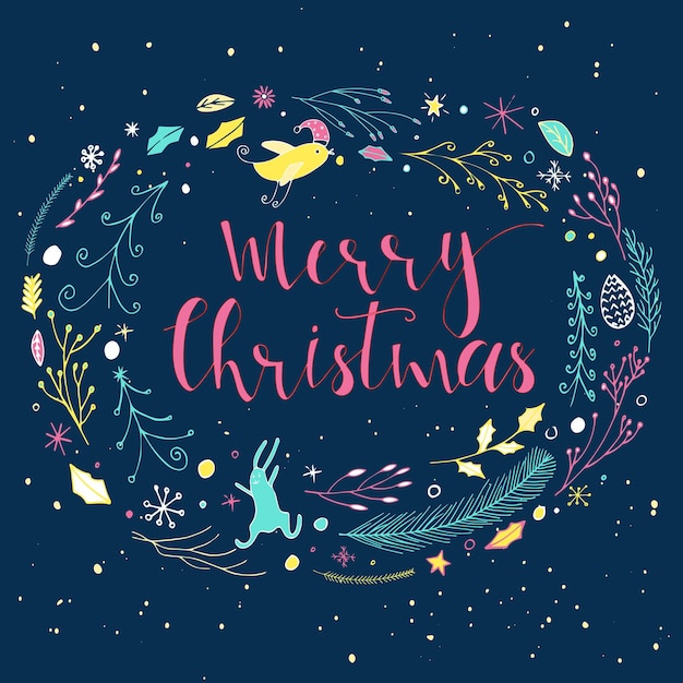 Christmas greeting card made in vector. Christmas handmade elements with text for perfect cards and invitations. Trendy New Year design.