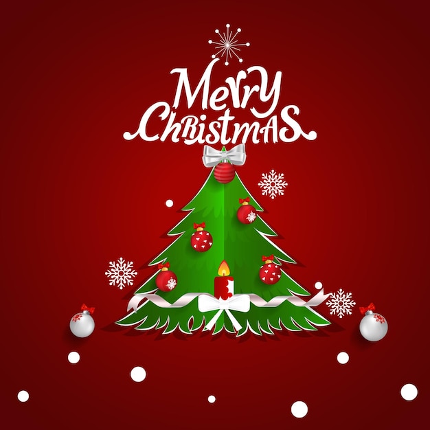 Christmas greeting card merry christmas lettering with christmas tree vector illustration