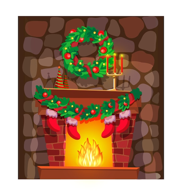 Christmas greeting card or postcard with fireplace and white frame. celebrating winter holiday