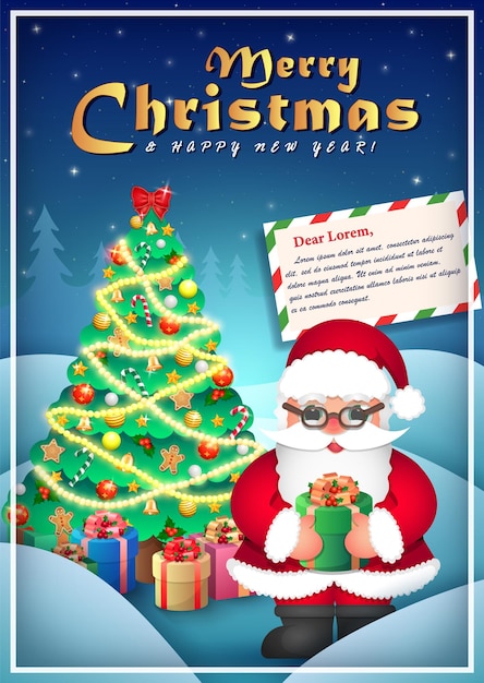 Christmas greeting card. Shining Xmas tree and cartoon funny Santa Claus with gift in his hand.