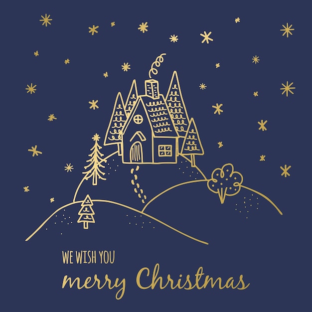 christmas greeting card template. winter house on the hill doodle illustration for greeting and invitation cards design and decoration. happy new year poster