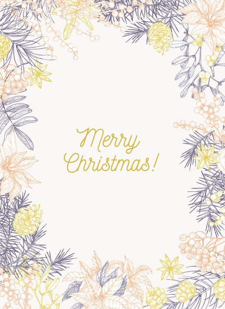 가지와 침엽수 림의 콘으로 만든 프레임 안에 휴가 소원 크리스마스 인사말 카드 서식 파일