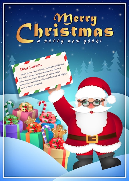 Christmas greeting card. Vector colorful gifts and funny Santa Claus with letter in his hand.