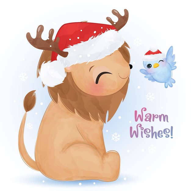 Рождественская открытка с очаровательным львом и птицей