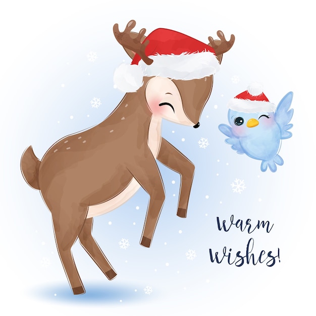 Christmas greeting card with adorable reindeer and bird