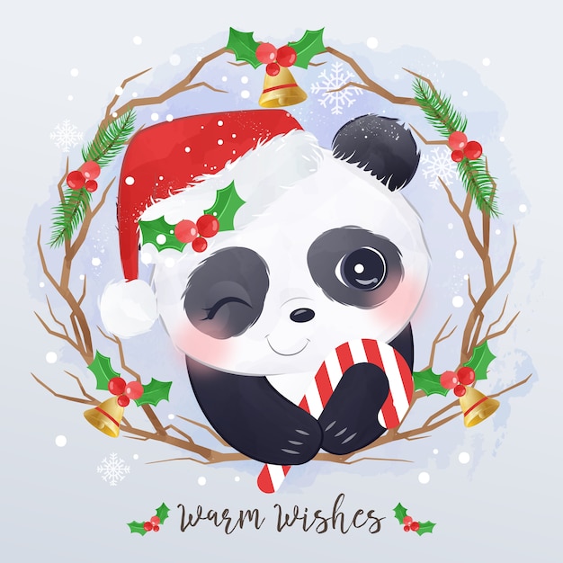Vector christmas greeting card with baby panda