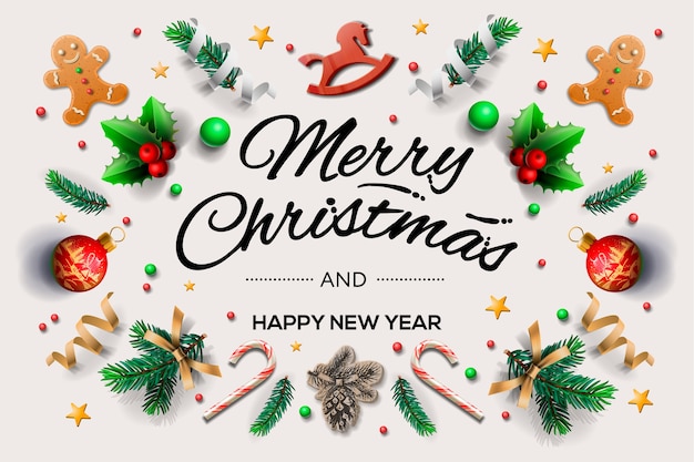 Christmas greeting card with calligraphic season wishes and composition of festive elements such as cookies, stars, berries, christmas tree decorations, pine branches.