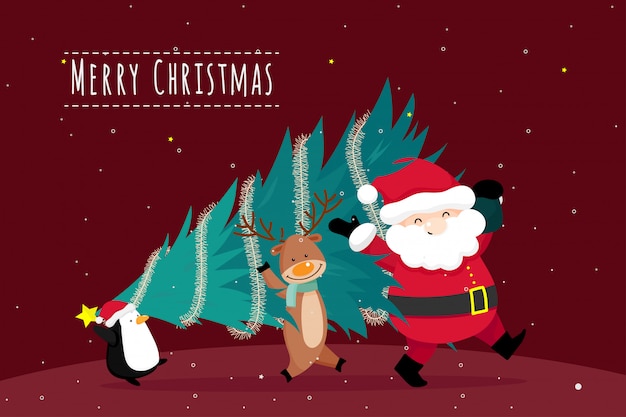Christmas greeting card with christmas santa claus, penguin and reindeer. vector illustration