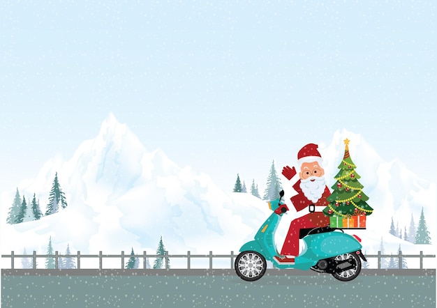 ベクトル 冬、クリスマス、新年の装飾ベクトルイラストの道路でバイクに乗るクリスマスサンタクロースとクリスマスグリーティングカード。