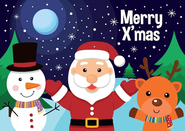 Christmas greeting card with christmas santa claus snowman and reindeer vector illustration