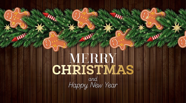 Christmas greeting card with christmas tree branches, red rockets and gingerbread man on wooden background. merry christmas. happy new year. vector illustration.