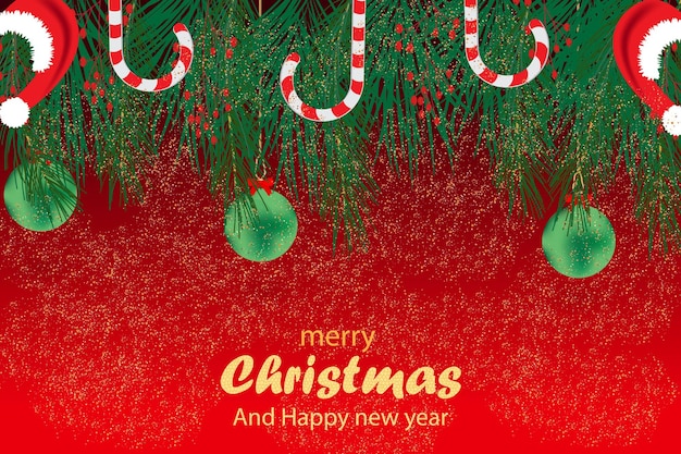 Christmas  greeting card with Christmas tree, candy cane ball glitters.