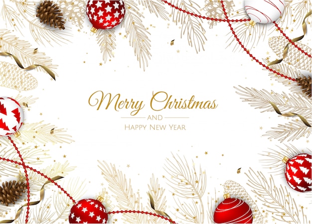christmas greeting card with christmas tree decorations, pine branches, snowflake and confetti 