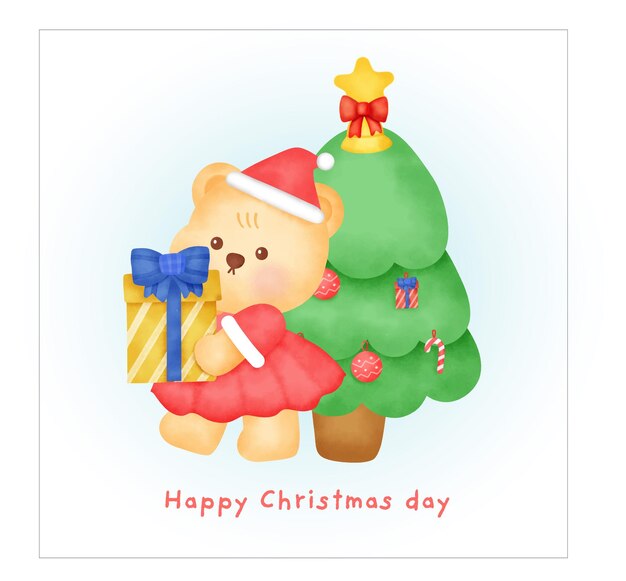 christmas greeting card with cute bear in watercolor style