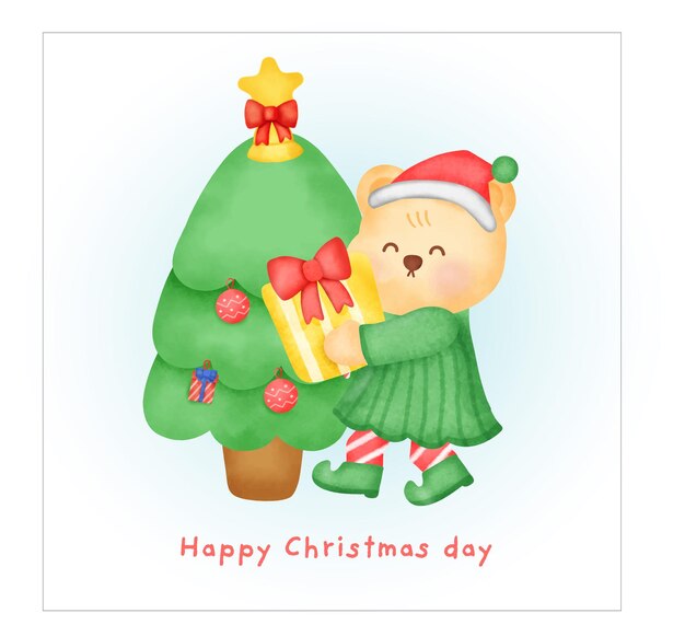 christmas greeting card with cute bear in watercolor style