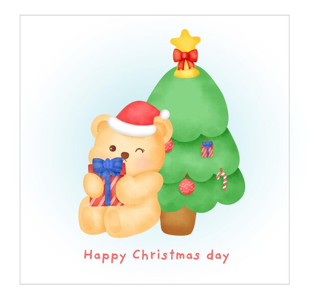christmas greeting card with cute bear in watercolor style