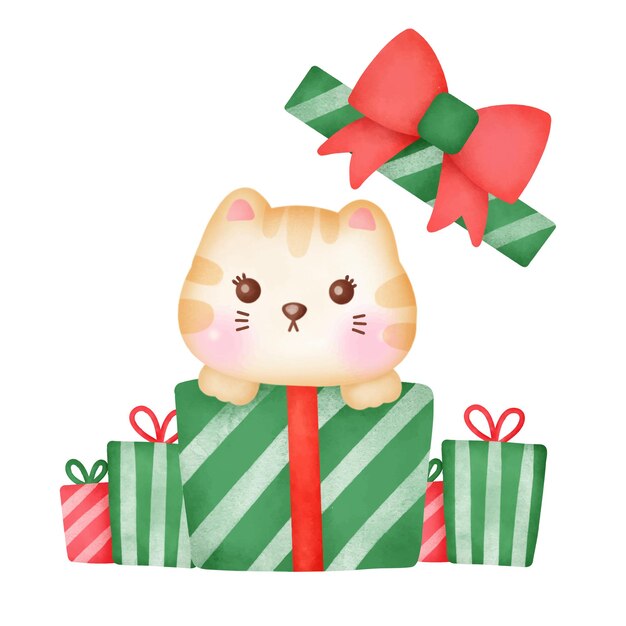 Biglietto di auguri di Natale con simpatico gatto in stile acquerello.