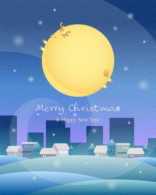 Christmas greeting card with cute deer moon, city landscape on snow background.