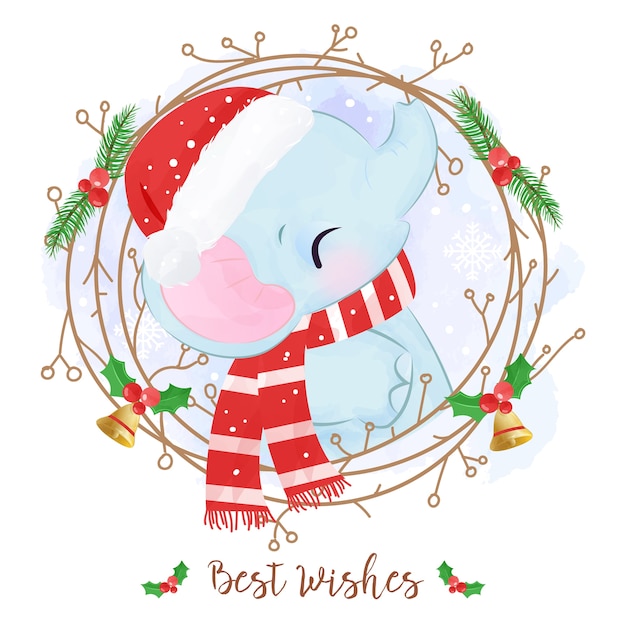 Vector christmas greeting card with a cute elephant