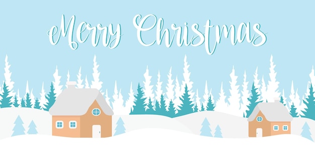 Christmas greeting card with cute landscape and lettering