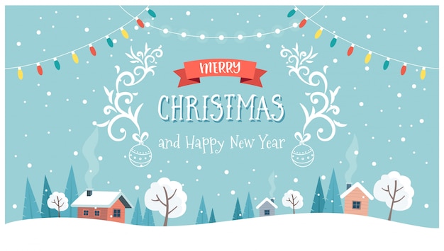 Vector christmas greeting card with cute landscape, text and hanging decorations.