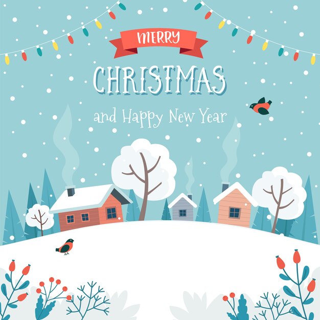Vector christmas greeting card with cute landscape.