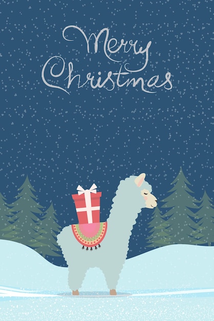 Vector christmas greeting card with a cute llama and the inscription merry christmas