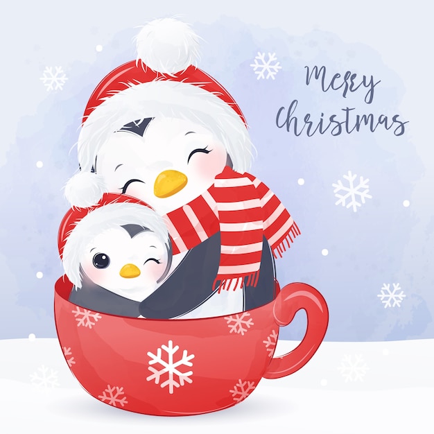 Biglietto di auguri di natale con mamma carina e cucciolo di pinguino. illustrazione di sfondo natale.