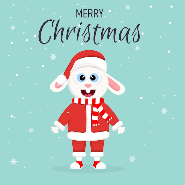 Christmas greeting card with cute rabbit in Santa Clause costume.