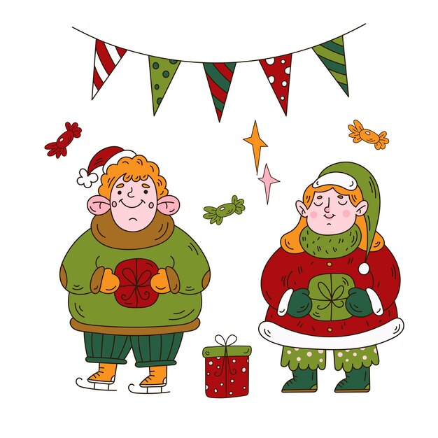 Vector christmas greeting card with doodle characters boy and girl with gifts