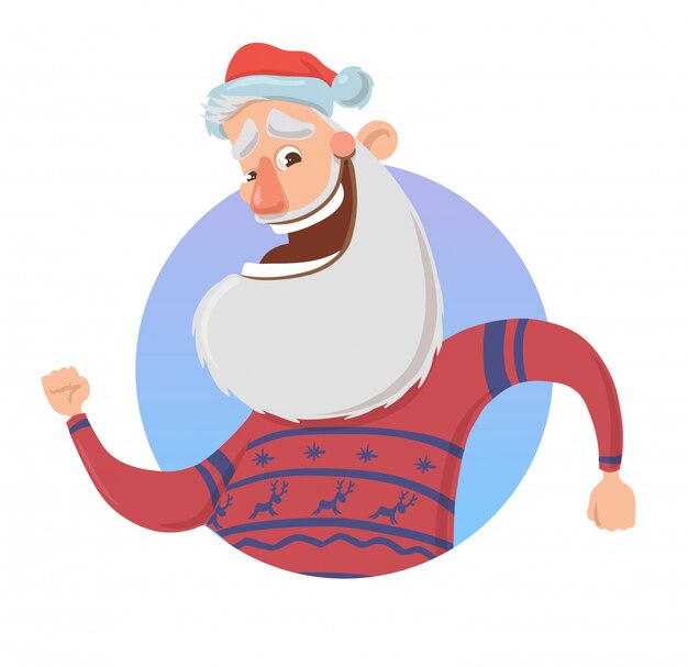 Biglietto di auguri di natale con babbo natale divertente sorridente e agitando la mano. babbo natale in maglione di cervo onde ciao. su sfondo bianco. elemento tondo. illustrazione del personaggio dei cartoni animati.