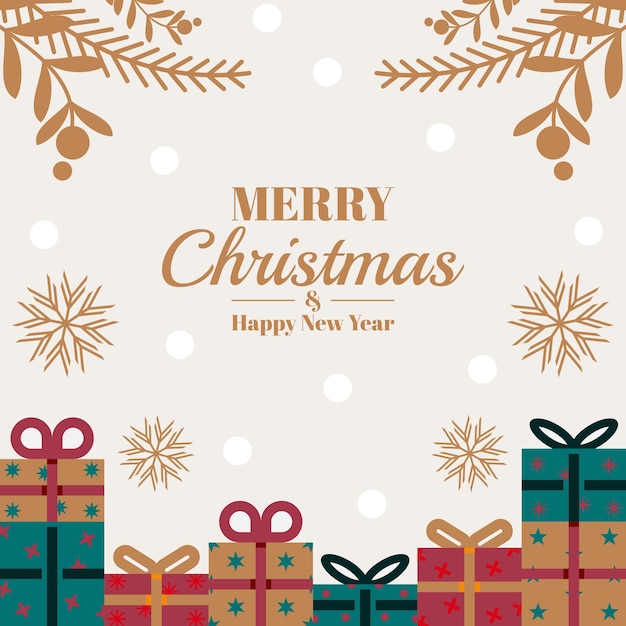 ベクトル プレゼント要素のクリスマスグリーティングカード 松の葉 雪のベクトルデザイン ソーシャルメディアのポスター
