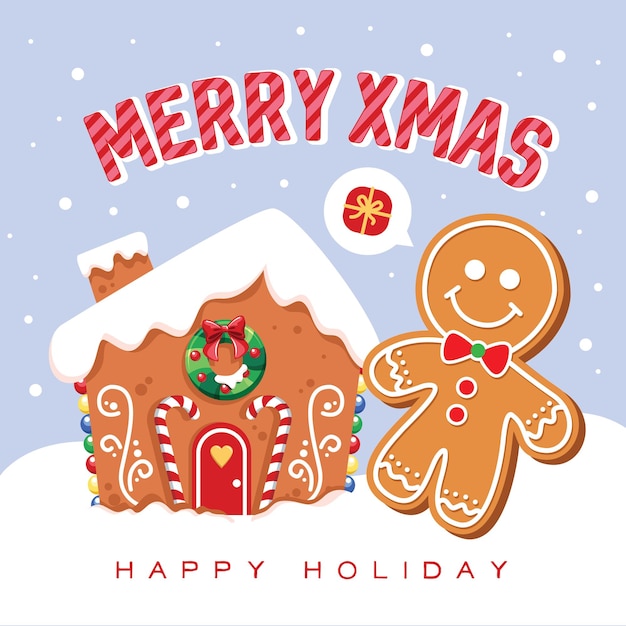 Christmas greeting card with gingerbread man and ginger house Vector Illustration.