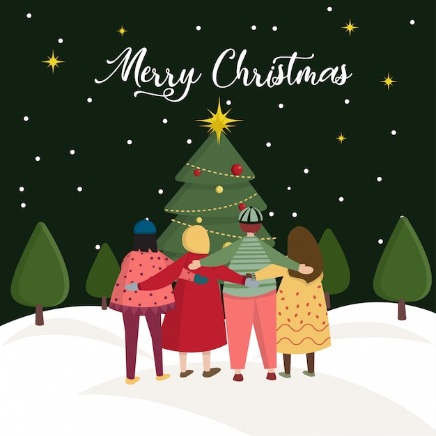 Christmas greeting card with group of people hug each other standing in front of big christmas tree cartoon  illustration