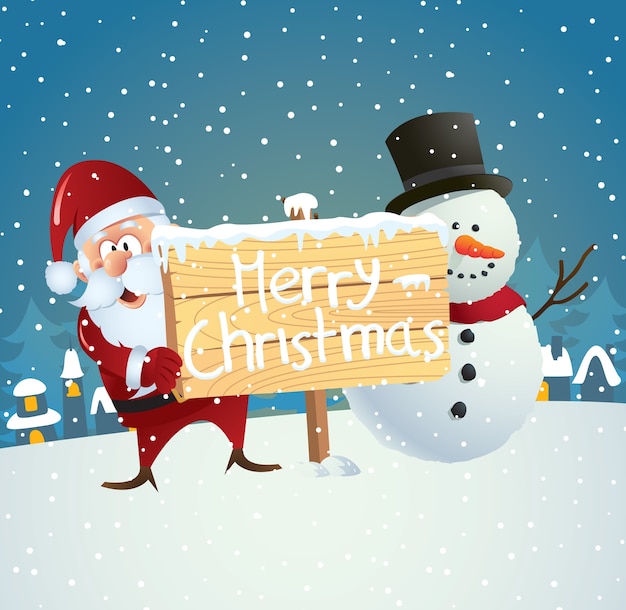幸せなサンタクロースと雪の背景に木製の標識の後ろに雪だるまのクリスマスの挨拶カード