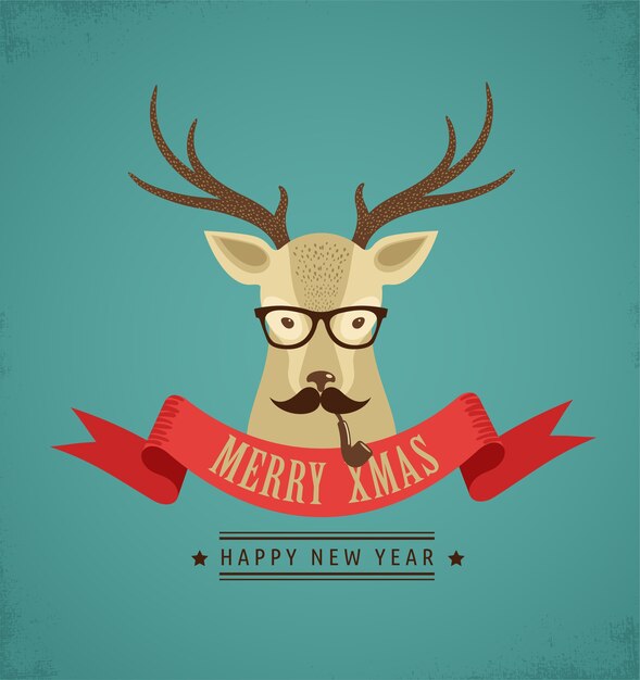 Vector christmas greeting card with hipster deer