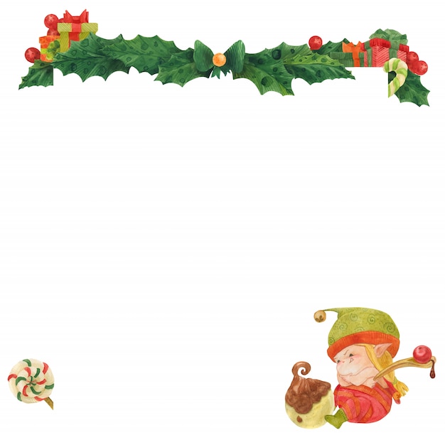 Vector christmas greeting card with holly and elf choclate artist